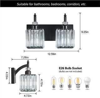 Modern Bathroom Vanity Light 2-Light Black Crystal Light Fixtures Over Mirror - Image 4