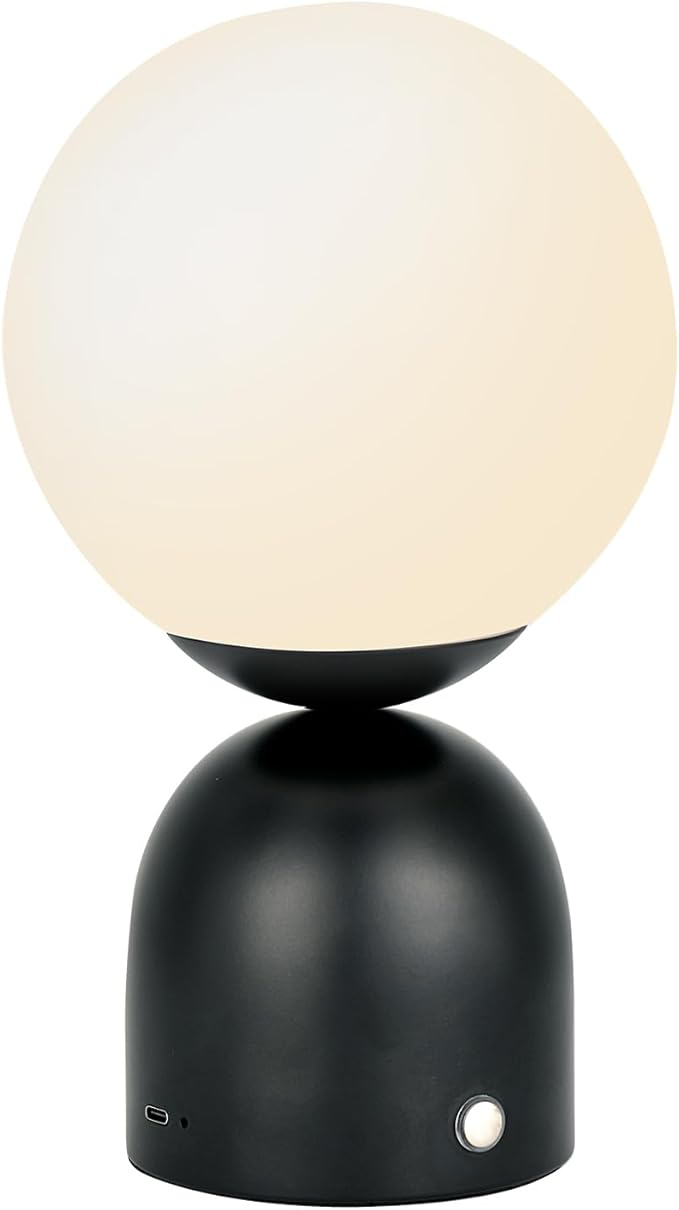 Cordless Globe Glass Table lamp Black, 5200-mAh Rechargeable Orb Lamp, 3-Level by FOLUX