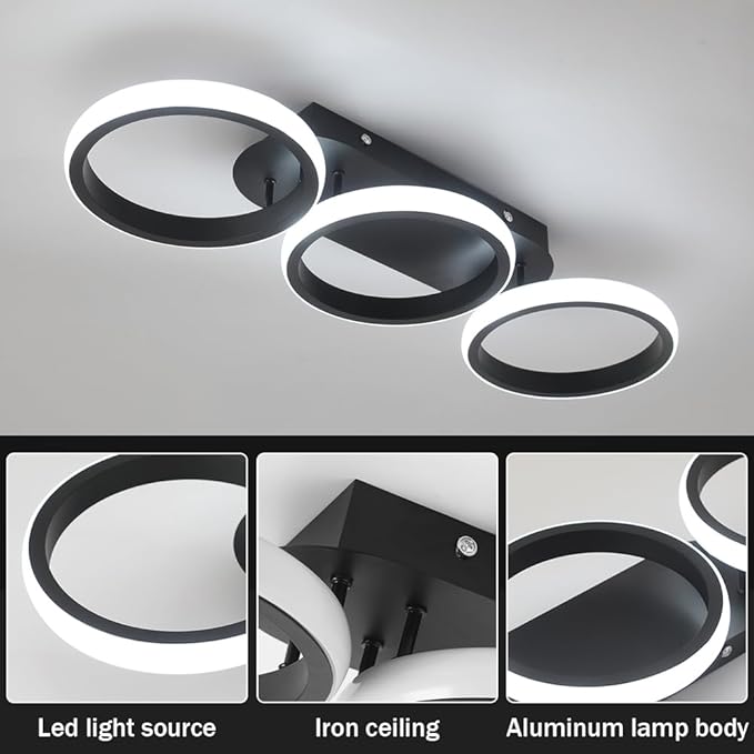 Modern LED Ceiling Light, 3-Round Rings Flush Mount, 30W 6000K Cool White - Image 2