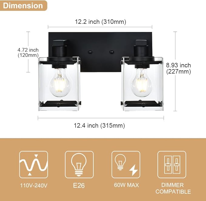 Black 2-Light Wall Sconce Bathroom Light Fixture, Rectangular Clear Glass - Image 5