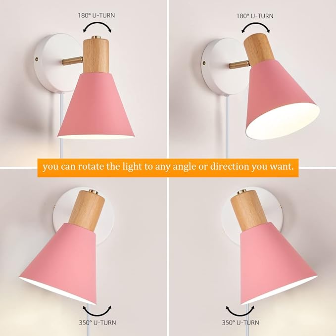 Plug in Wall Sconces Lighting Fixture Pack of 2, Wooden Adjustable Bedside Wall - Image 6