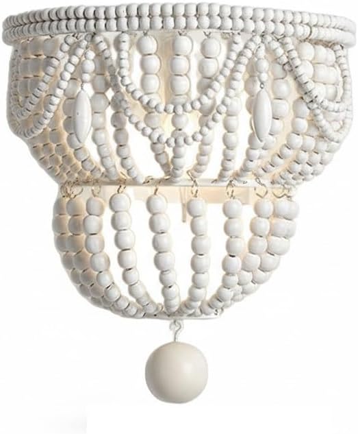 Boho Wood Bead Wall Sconce, Hand-Woven Double Layer White Wooden Beaded Wall by Unknown