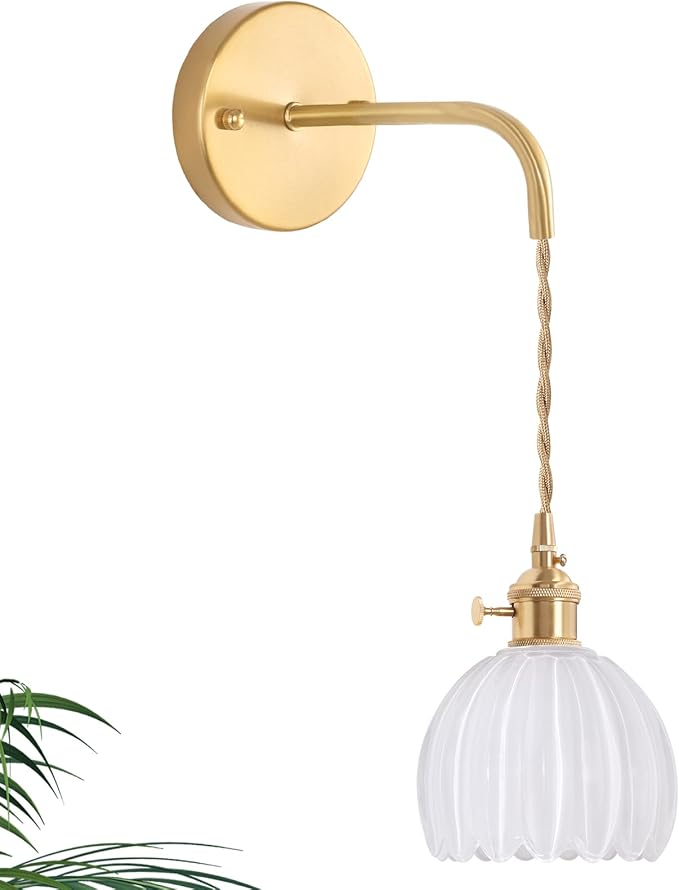 Vintage Wall Sconce with White Tulip Shade Pattern Glass Adjustable Chain Retro by Shenmoyl