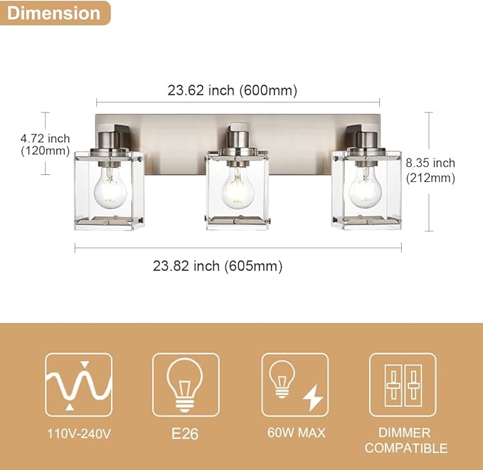3-Lights Bathroom Wall Light Fixtures E26 Bulb Base, Brushed Nickel Vanity - Image 3
