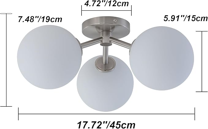 Brushed Nickel Semi Flush Mount Ceiling Light Fixture, 3 Light Milk Glass Globe - Image 3
