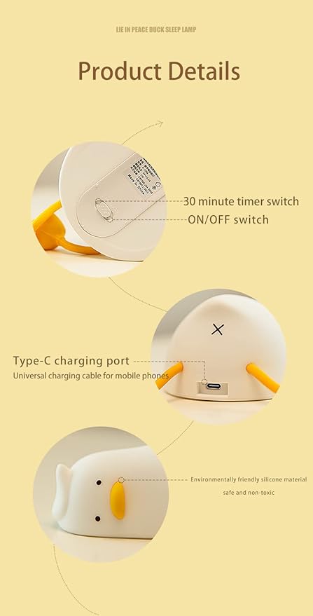 Lying Flat Duck Night Light for Kids, Cute Night Lamp, Soft Toddler Nightlight - Image 6