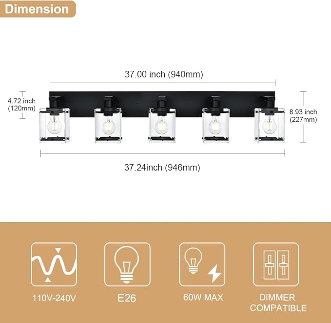 5-Light Modern Vanity Lighting, E26 Bulb Base - Image 6