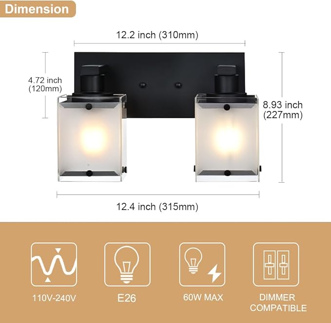 Black Wall Sconce Lighting, 2-Light Bathroom Vanity Light Fixture Wall Mount - Image 4