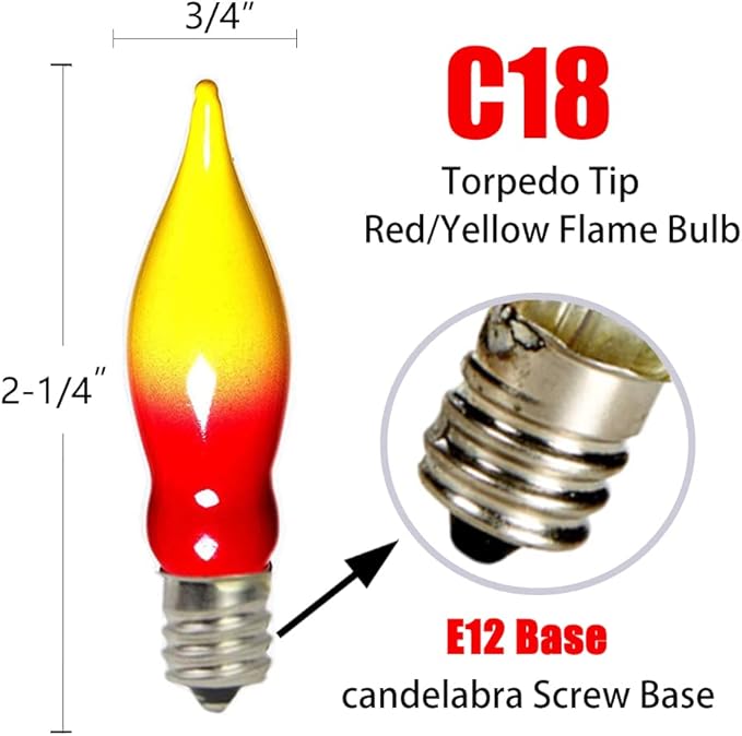 12 Pack Christmas Flame Tip Lights Bulb, Outdoor C18 String Light, C7/E12 - Image 2