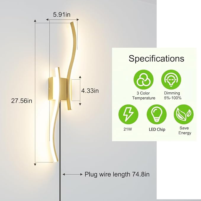 Modern Plug in Wall Sconce Set of 2, 3CCT Adjustable & Memory Function - Image 7