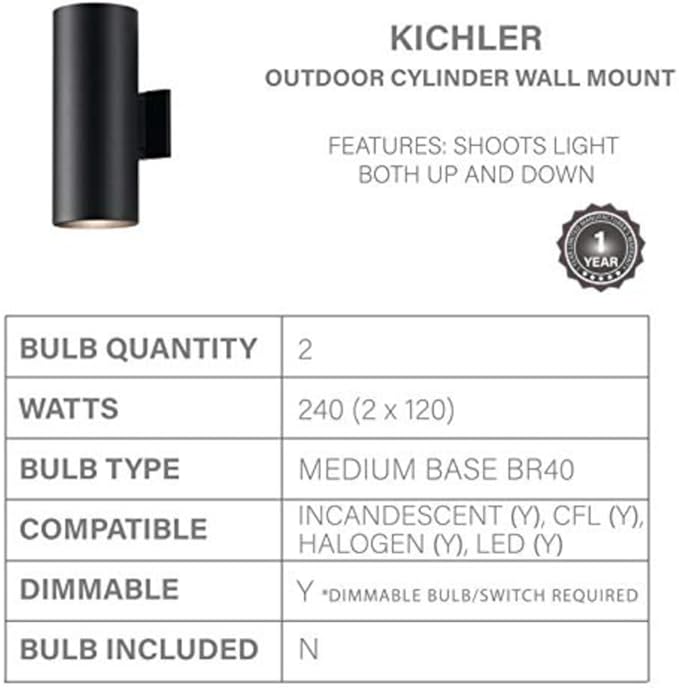 Kichler Cylinders 15" 2-Light Outdoor Cylinder Wall Sconce in Black - Image 3