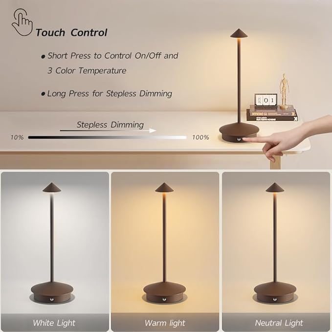 Cordless Table Lamp Set of 2, Rechargeable Portable LED Bedside Touch Lamp - Image 3