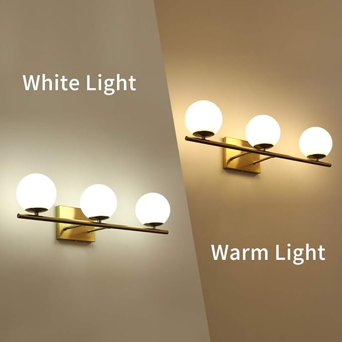 New Bathroom Vanity Light 3 Lights Fixtures Brushed Brass Milk White Globe - Image 5