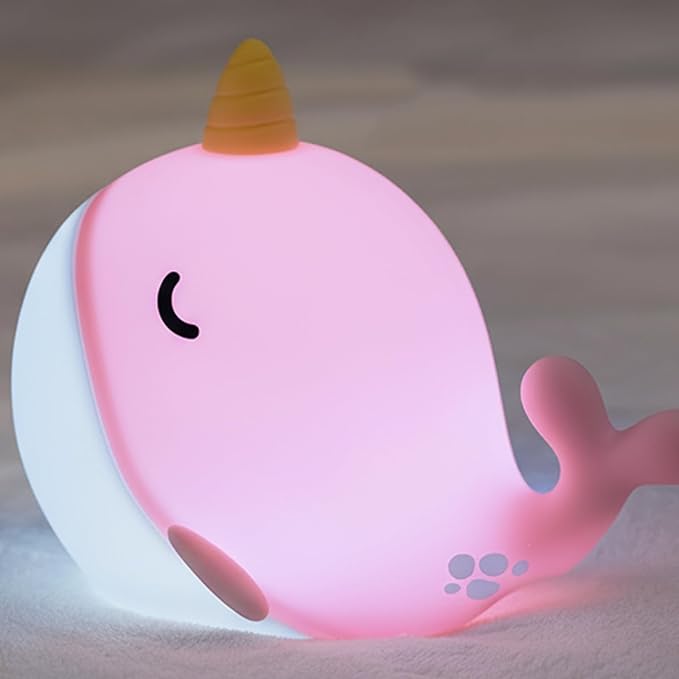 Cute Whale Night Lights, Soft Narwhal Silicone LED Night Lamp, Rechargeable by Buyitnow