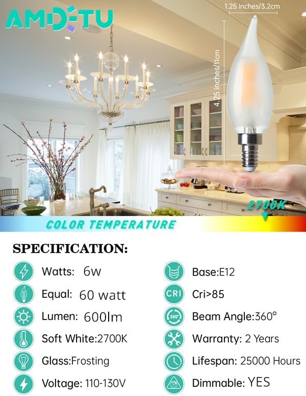 E12 60 Watt Equivalent Frosted LED Candelabra Bulb Candle CA10 Chandelier Light - Image 4