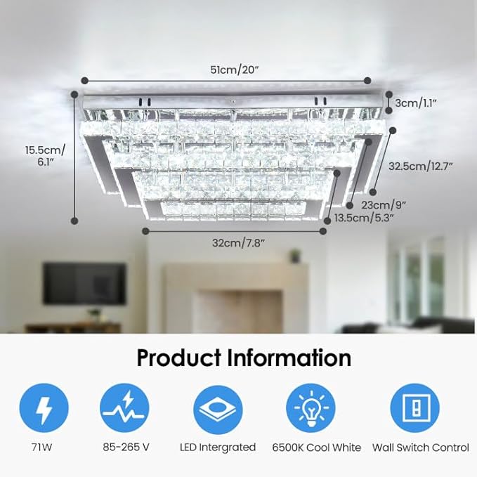 Finktonglan Modern Crystal LED Ceiling Light Fixture 20” Rectangular Flush - Image 3