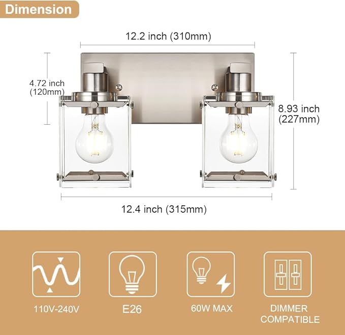 2-Lights Wall Sconce Lighting E26 Bulb Base, Modern Brushed Nickel Bathroom - Image 4