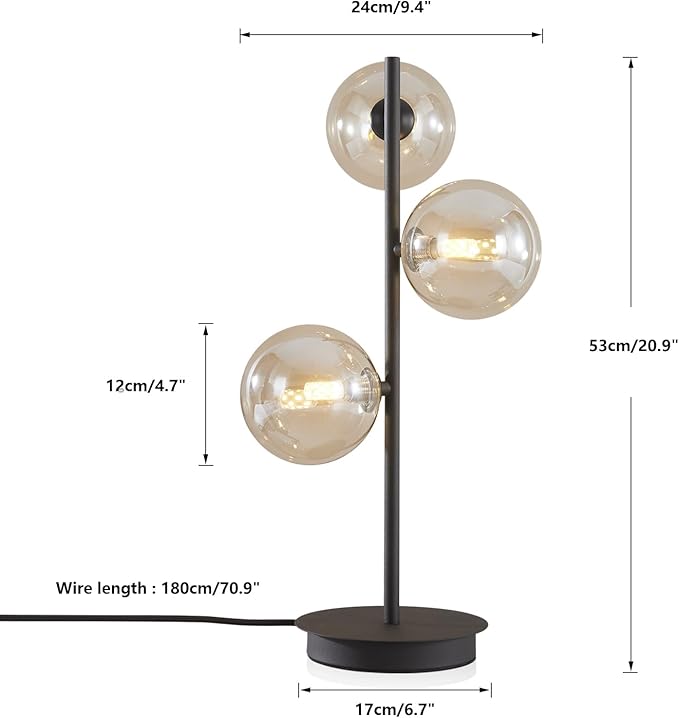 Modern Globe Table Lamp, Mid Century 3 Lights Black Bedside Lamp - Image 2