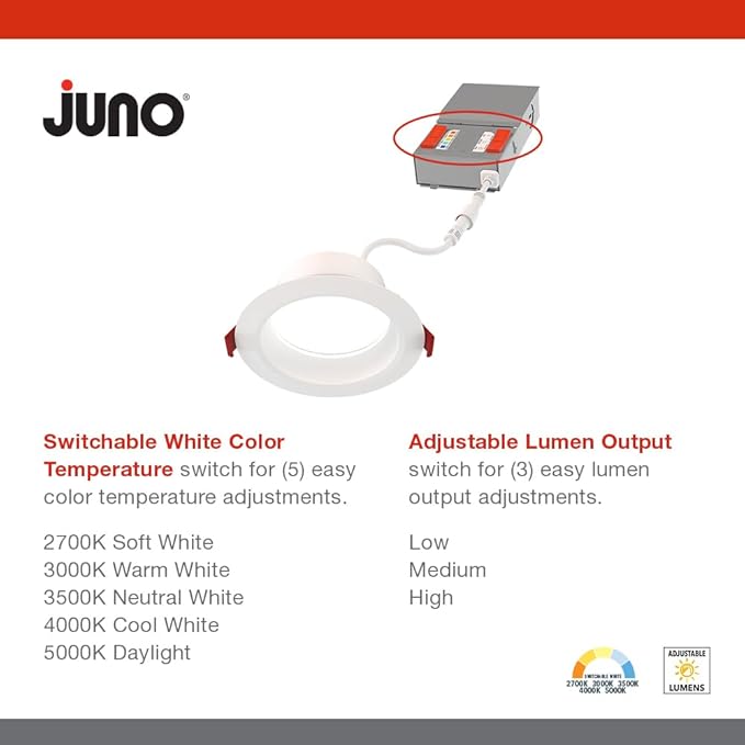 Juno LED Recessed Lights 6 Inch Round Wafer Downlight, 5-in-1 Switchable White - Image 3