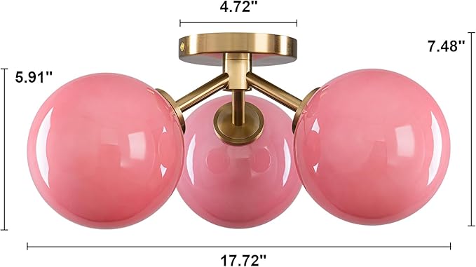 Pink Semi Flush Mount Ceiling Light Fixture, 3 Light Opal Glass Globe Mid - Image 3