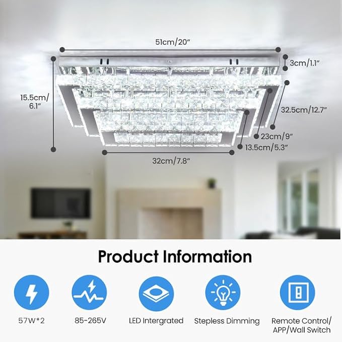 Finktonglan Modern Crystal LED Ceiling Light Fixtures 20” Dimmable Rectangular - Image 3