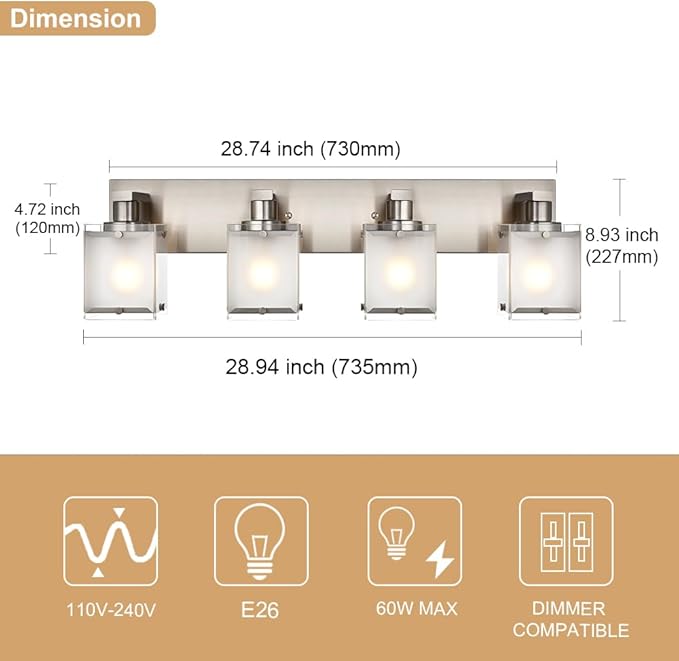 4-Lights Bathroom Light Fixtures Over Mirror, Brushed Nickel Vanity Wall - Image 4