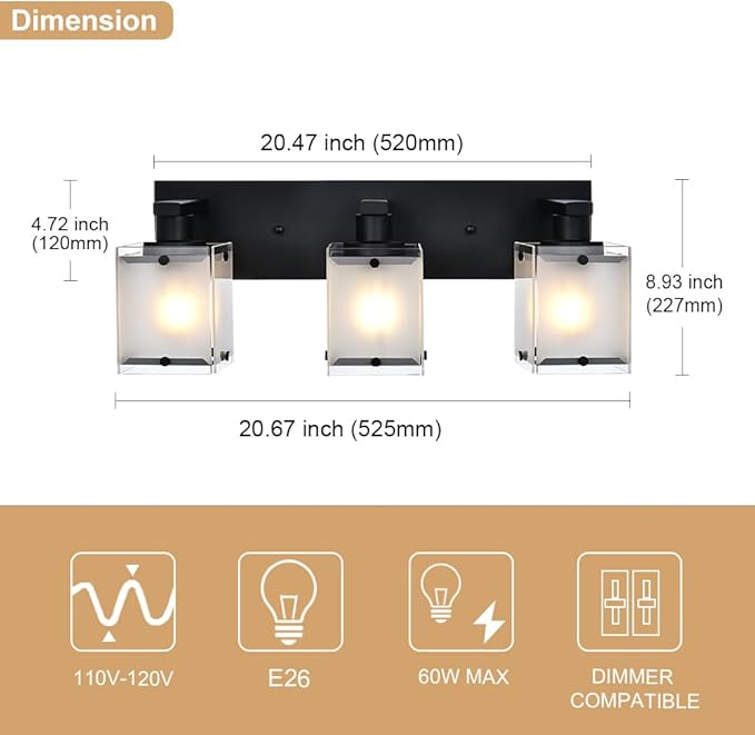 3-Lights Bathroom Light Fixture Over Mirror, Modern Black Wall Sconce Vanity - Image 4
