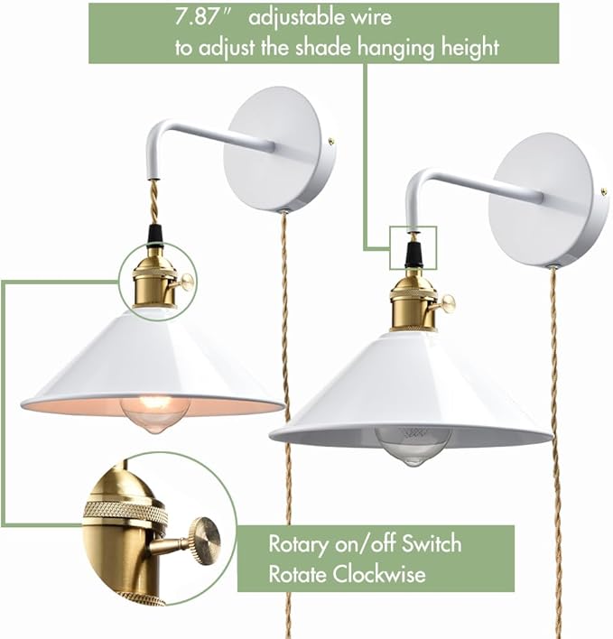 Plug-in Wall Lamp with Umbrella Shade, Bright White Wall Light Fixture Set of - Image 3