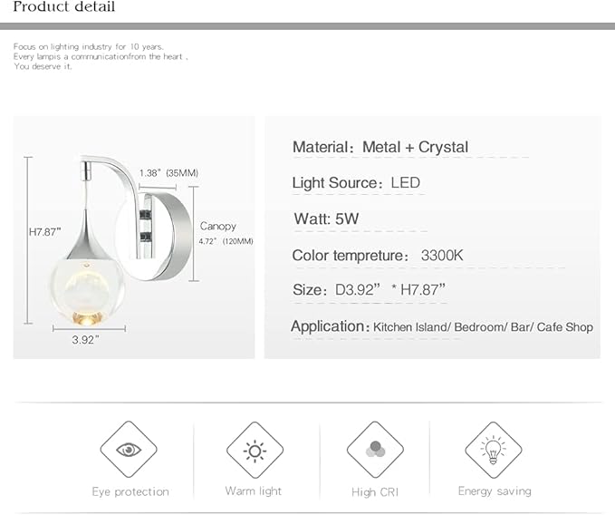 Sedelan LED Crystal Wall Sconce, Moon Modern Wall Light Fixture, 5W Dimmable - Image 7