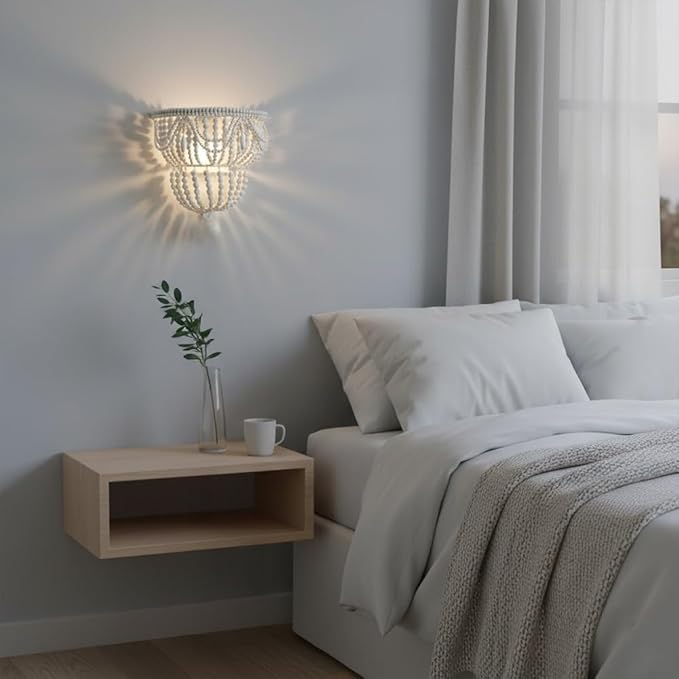 Boho Wood Bead Wall Sconce, Hand-Woven Double Layer White Wooden Beaded Wall - Image 2