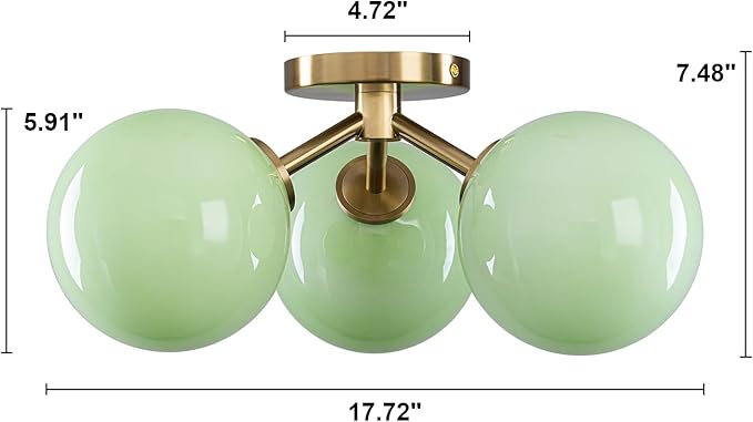 Green Semi Flush Mount Ceiling Light Fixture, 3 Light Opal Glass Globe Mid - Image 3