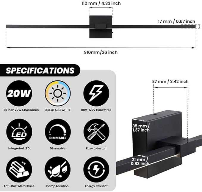 URSOLA Black Bathroom Light Fixtures, 36 inch Modern LED Vanity Lighting Over - Image 4