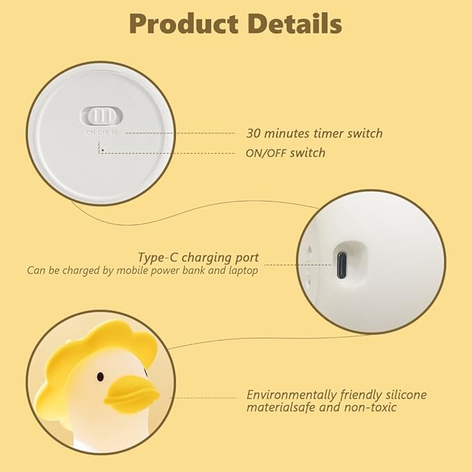 Flower Duck Silicone Night Light, 3-Level Touch Dimming Rechargeable Nursing - Image 6