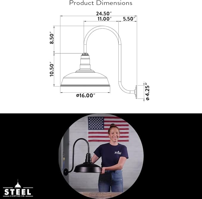 Steel Lighting Co. Gardena Barn Light | Outdoor Wall Mounted | 16" Dome | 11" - Image 2