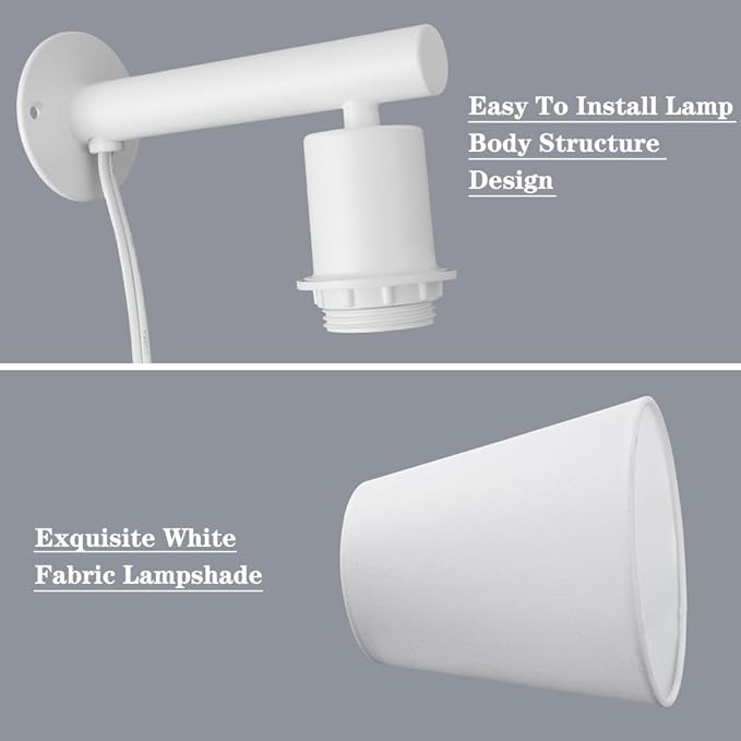 White Plug in Wall Sconces Set of Two, Bedside Wall Lamps Plug in Set of 2 - Image 7
