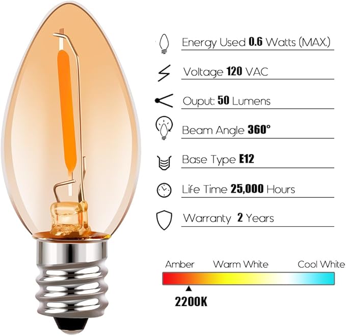 Emotionlite Night Light Bulbs, Amber LED C7 Bulb, 4W 5W 6W 7W Equivalent - Image 2
