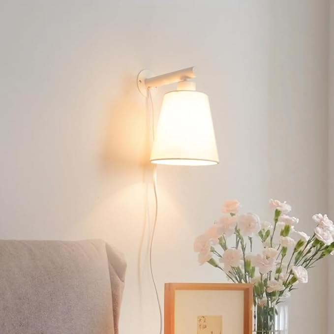 White Plug in Wall Sconces Set of Two, Bedside Wall Lamps Plug in Set of 2 - Image 6