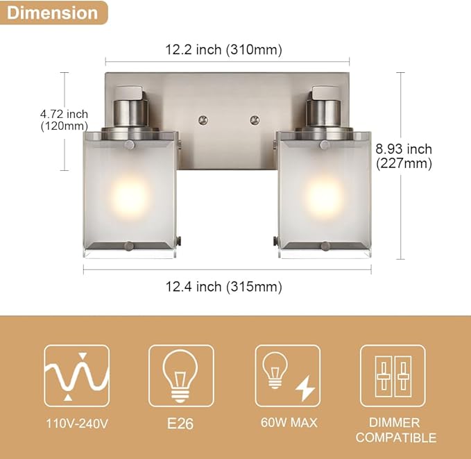 2-Lights Wall Sconce Lighting, Brushed Nickel Bathroom Vanity Light Fixture - Image 4