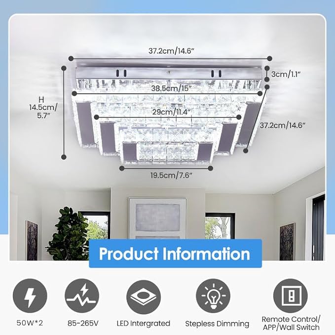 Finktonglan Modern Square Crystal LED Ceiling Light Fixture, 15” Dimmable - Image 3