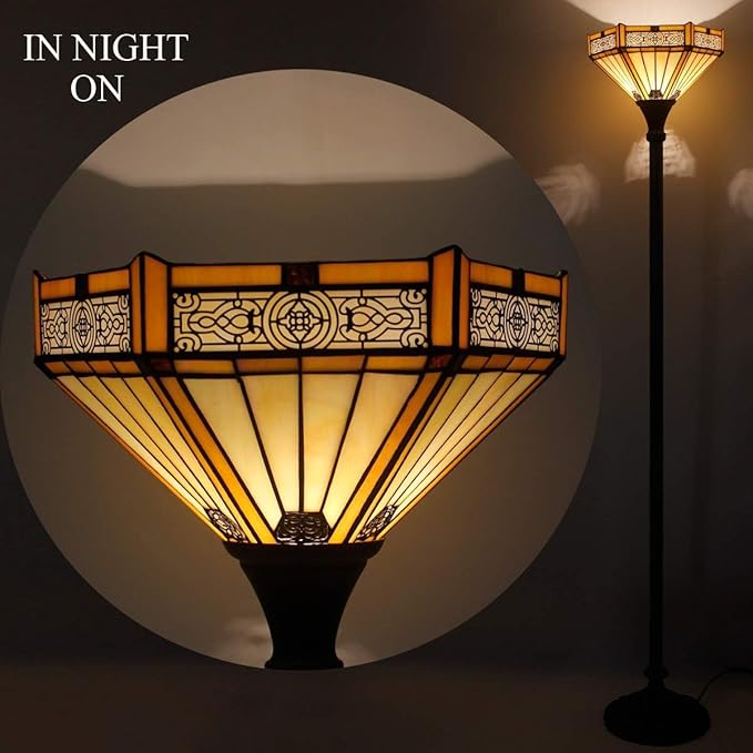 WERFACTORY Tiffany Floor Lamp Yellow Hexagon Stained Glass Mission Light - Image 5