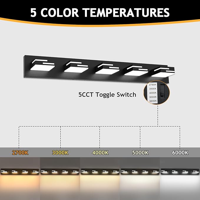 LED Modern Bathroom Vanity Light Fixtures 5-Light 5CCT Dimmable Matte Black - Image 2