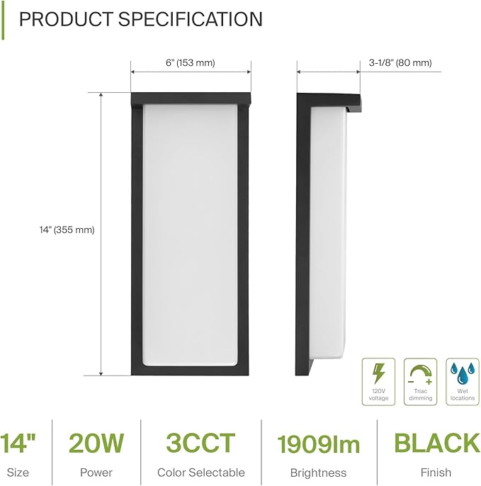 ASD LED 14" Outdoor Wall Light, Front Door House Sconce | 3CCT, Waterproof - Image 2