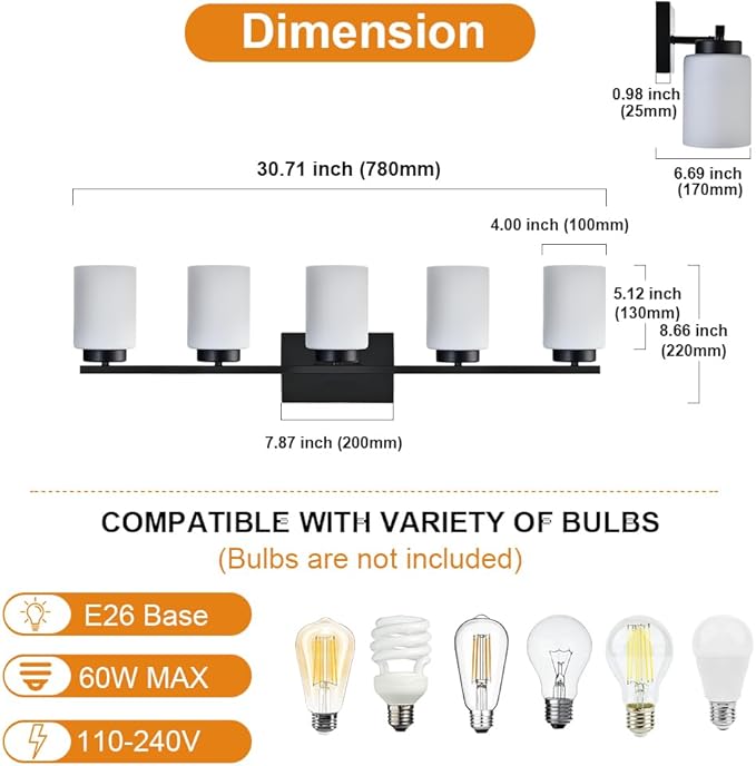 VINLUZ Farmhouse Bathroom Vanity Light Fixtures, 5 Light Industrial Vintage - Image 4