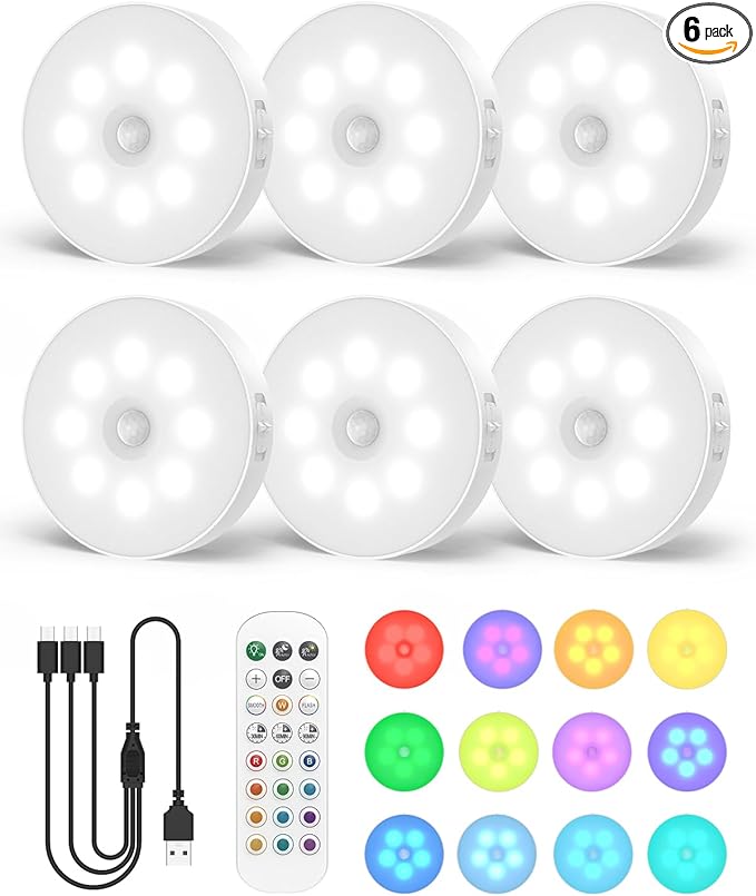 6-Pack RGB Rechargeable Puck Lights by Goodea