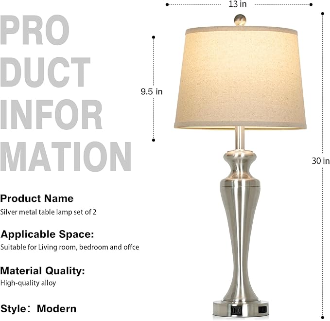 30" Silver Table Lamps Set of 2, 3-Way Dimmable Touch Living Room Lamp - Image 7