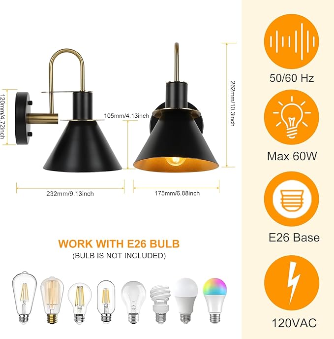 WILON Gold and Black Wall Sconces Set of Two, Modern Farmhouse Wall Light - Image 2