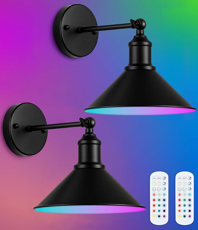 Rechargeable Battery Operated Wall Sconces Set of 2, RGB 15 Color Dimmable by Franing