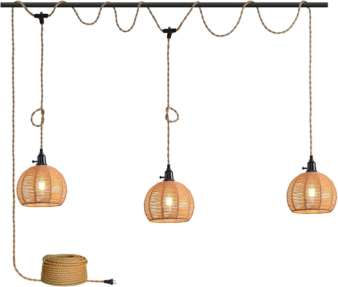 3-Light Hanging Light with Plug in Cord, Plug in Pendant Light 22ft Hemp Rope by KENMI