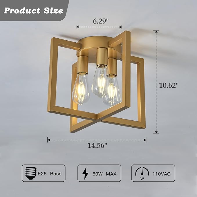 ZGLAOJT 3-Lights Ceiling Light Fixture, Modern Gold Semi Flush Mount Chandelier - Image 2