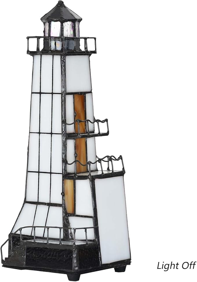 Bieye L10779 Lighthouse Tiffany Style Stained Glass Accent Table Lamp Night - Image 2